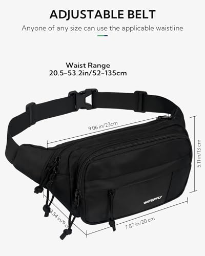 Waterfly Large Zipper Pouch Fanny Pack for Travel Run Hiking-Black